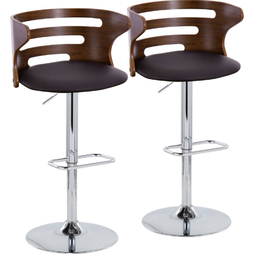 Cosi Adjustable Swivel Bar Stool in Chrome, Walnut Wood & Brown Leatherette (Set of 2)